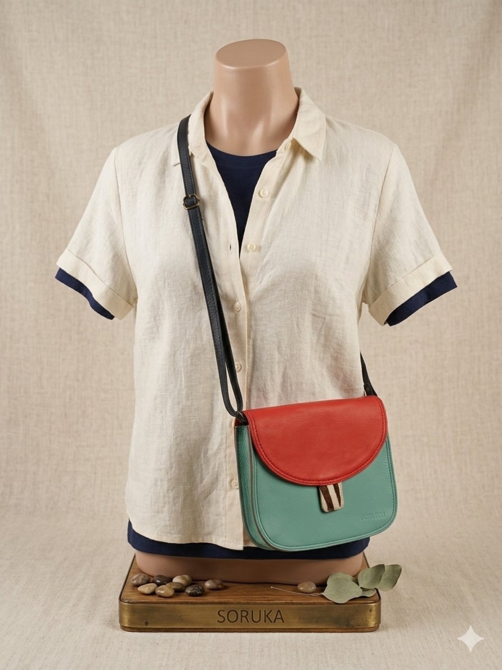 Soruka Recycled Leather Crossbody Bag- One-of-a-Kind Colorblock Saddle Bag